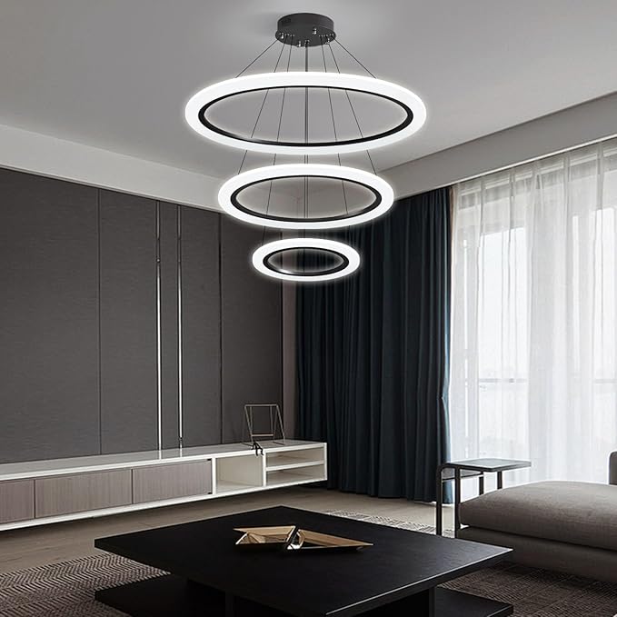 Modern LED Chandelier 3 Ring Chandelier for Dining Room Living Room Pendant Lighting High Ceiling Hanging Light Fixture for Bedroom Foyer Black