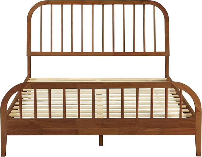 DG Casa Wesley Solid Wood Queen Size Bed Frame - Mid Century Modern Style, Platform with Spindle Headboard and Footboard, No Box Spring Required, Walnut Finish