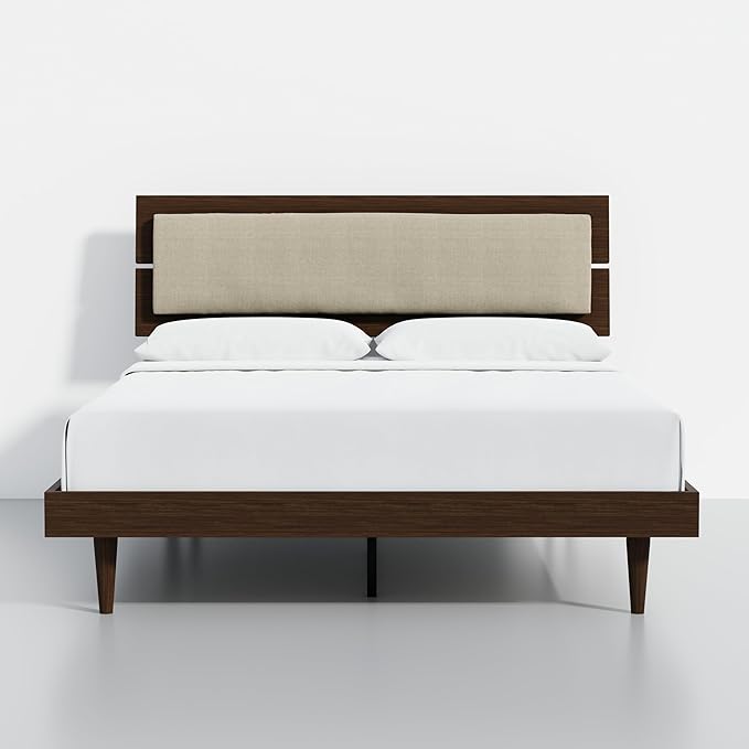 Modern Solid Wood Platform Bed with Adjustable Headboard with Cushion – No Box Spring Needed,Fast Assembly – Queen Size in Walnut