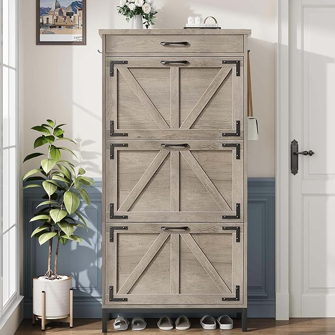 Shoe Cabinet Storage for Entryway with 3 Flip Drawers and 1 Top Drawer, Freestanding Hidden Narrow Shoe Cabinet with Metal Legs for Foyer, Hallway (Grey)