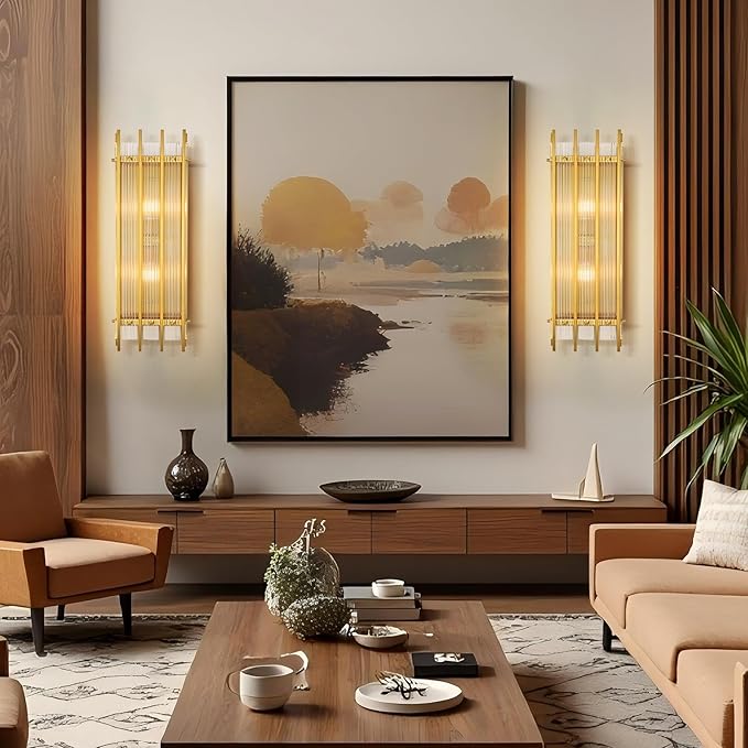 Modern Brass Wall Sconce,25in Grand Rectangular Ribbed Glass Wall Sconces,Indoor Hardwired Gold Wall Sconces for Large Spaces,for Living Room,Hallway,Stairway Sconces Wall Lighting,Included E12 Bulbs