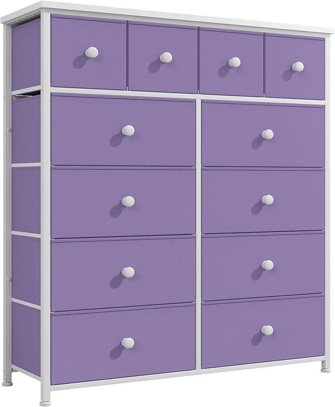 Dresser for Bedroom with 12 Drawers, Fabric Dressers & Chest of Drawers with Sturdy Metal Frame, Wood Top, for Woman, 40.6" W x 11.8" D x 44.5" H (Purple)