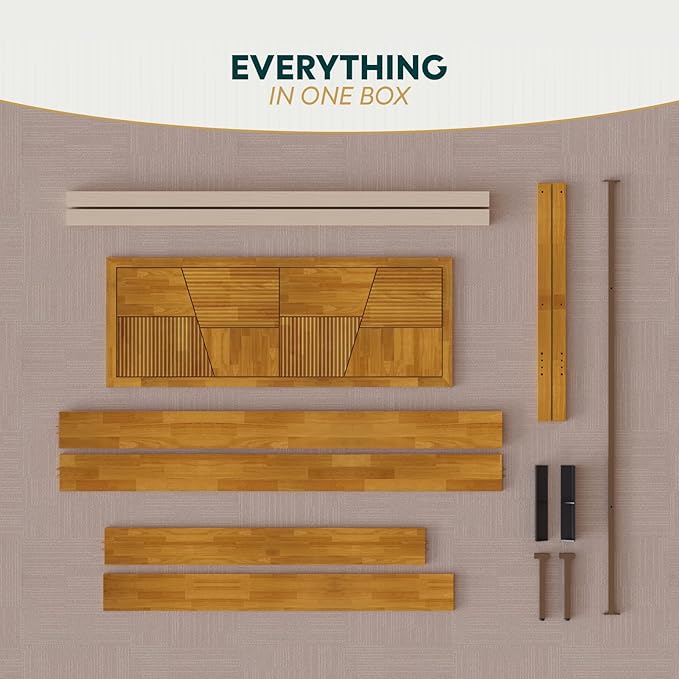 Bme Trapeze Queen Bed Frame – Modern Solid Wood Bed with Smooth Pattern Headboard, Black Metal Legs, Teak Brown Finish – Durable Queen Size Platform Bed for Contemporary Bedrooms