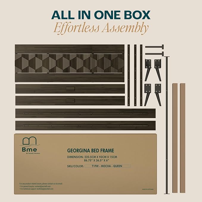 Bme Georgina Signature Mocha Bed Frame, Queen Bed Frame and Headboard Handcrafted Geometric, Mid Century Modern, Solid Acacia Wood, No Box Spring Needed, 12 Strong Wood Slats Support, Easy Assembly