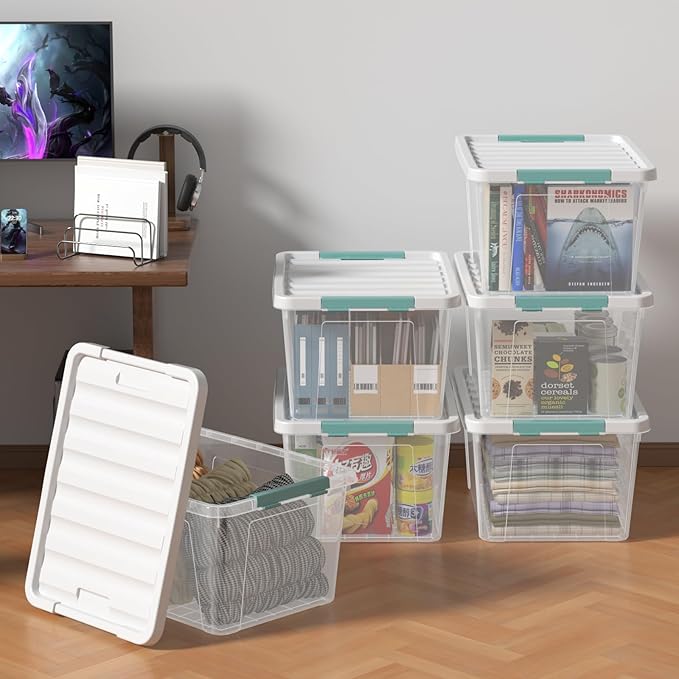 6-Pack 35 quart Large Plastic Storage Bin, Latching Box with Clear Base, White Lid and Green Latches