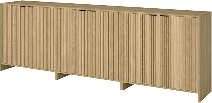 95" TV Stand for TVs up to 100",Modern Fluted TV Console with Storage Cabinet,Entertainment Center with 6 Doors & Adjustable Shelves for Living Room, Oak