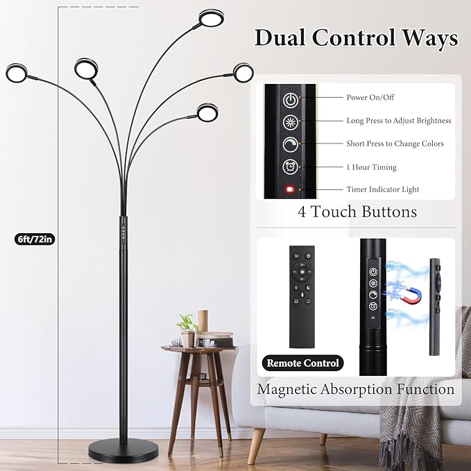 LED Arc Floor Lamp with Remote, 2250LM Dimmable Floor Lamp with Timer, Adjustable Colors, Brightness & 5 Adjustable Arms,Multi-Head Tall Tree Standing Lamp for Living Room Bedroom Corner Office, Black