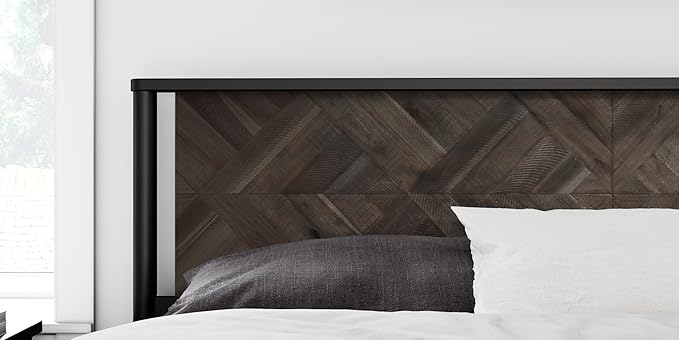 Lenia Queen Bed Frame with 2 Matching Nightstands – Modern Wood Platform Bed Set, Chevron Diamond Design, No Box Spring Needed, Slatted Support (Mocha Black, Queen)