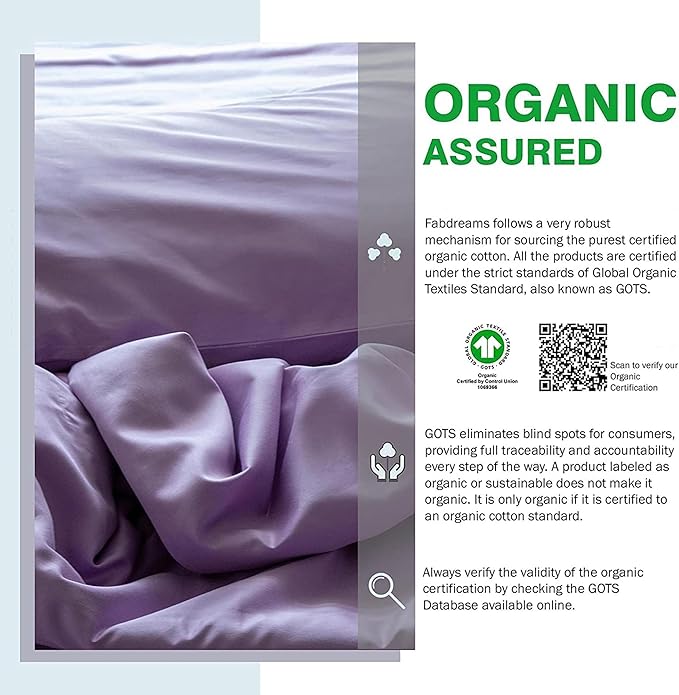 Fabdreams GOTS Certified 100% Organic Cotton Duvet Cover Queen Size - 400 TC Sateen - Soft - Silky - Zipper Closure - Edge Ties - 1 Duvet Cover (90"x92") + 2 Pillow Shams (20"x26") - Lilac, 3 Piece