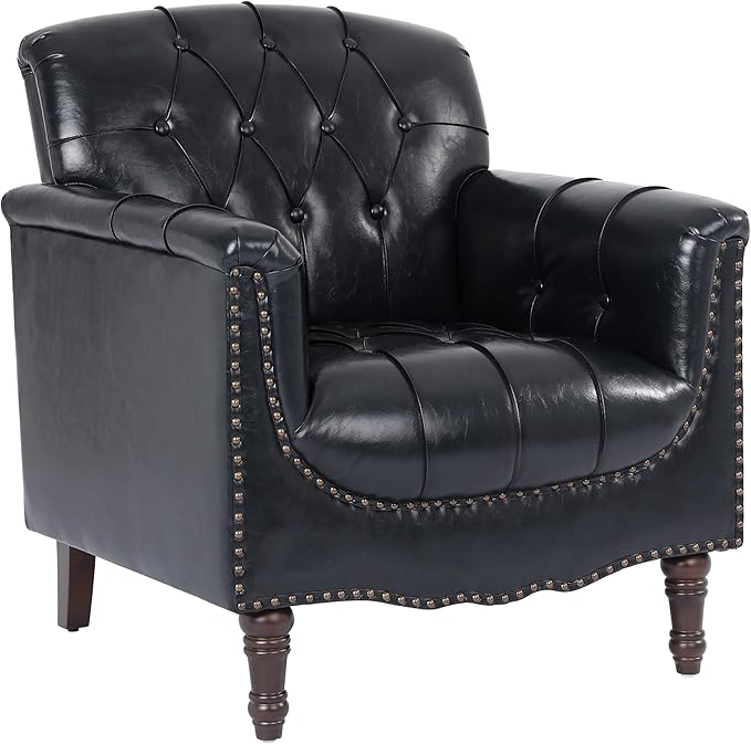 UIXE Faux Leather Accent Chairs Set of 2, Comfy Club Chair Upholstered Armchair for Living Room, Button Tufted Arm Chair Retro Single Sofa Side Reding Seat for Bedroom - Black Blue