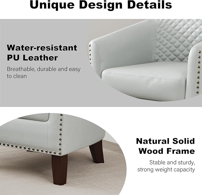 Accent Barrel Chair, Upholstered Faux Leather Club Chair with Nailed Trim, Comfy Reading Armchair for Living Room Bedroom Reception Room Office (White, Set of 4)