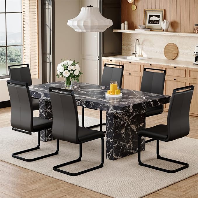 Faux Marble Dining Table Set for 6 (79 Inches Oversized Dining Room Table Set) (3.5'' Thick TOP)('H' Sturdy Base) Kitchen Table and PU Ergonomic Dining Chair 6 for Dining Room Living Room,Black