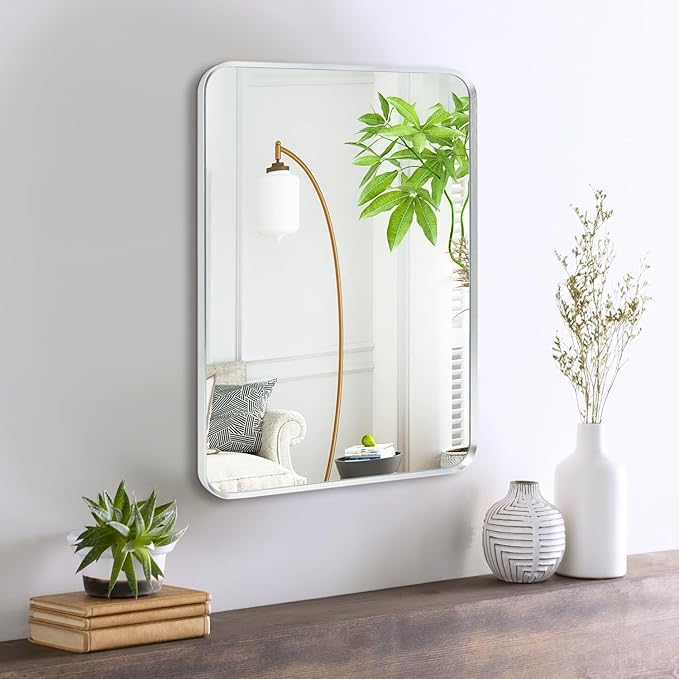 Wall Mount Mirror for Bathroom, Brushed Silver Metal Framed Rounded Corner Rectangular Vanity Mirror (18" x 24", Silver)