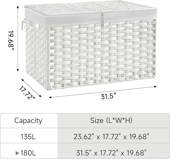 180L Wicker Storage Basket with Lid, Handwoven Rattan Large Shelf Basket with Removable Liner, 47.6 Gallon Wicker Basket for Blanket, Storage Trunk with Handle for Closet, Bedroom, Livingroom, White
