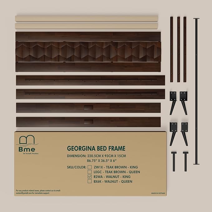 Bme Georgina Signature Bed Frame with Handcrafted Geometric Headboard, Mid Century Modern, Solid Acacia Wood, No Box Spring Needed, 12 Strong Wood Slats Support, Easy Assembly, Walnut, King