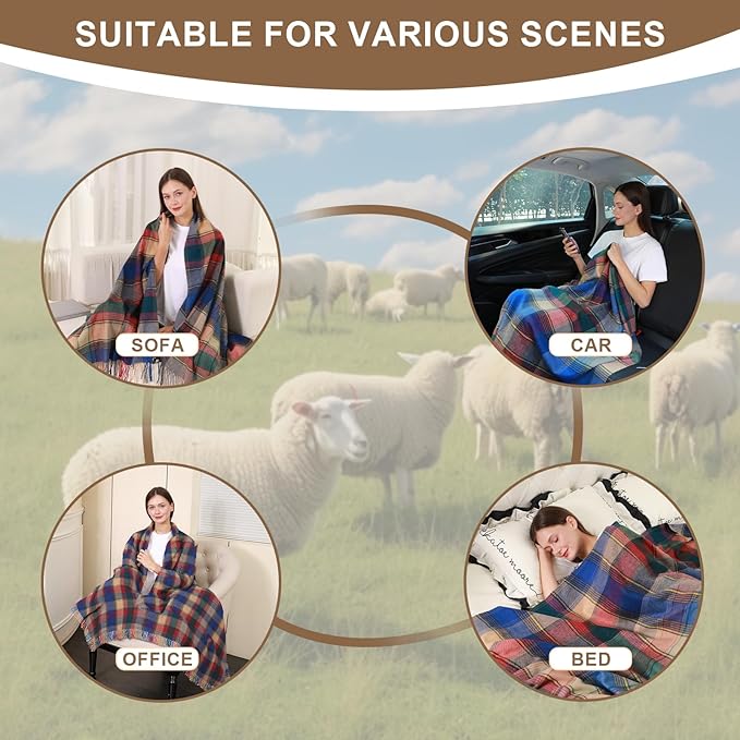 Blue Buffalo Plaid Throw Blanket for Couch,100% Wool Throw Blanket for Home Decor, Soft Lightweight Cozy All Season Decorative Vintage Blankets for Travel,Bed, Sofa, Chair, Outdoor 55"x83"/1.5LBS