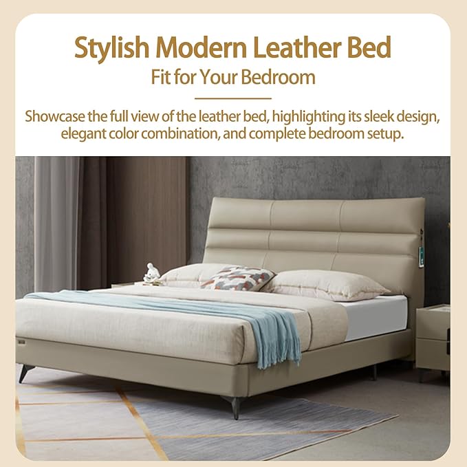 Luxury Upholstered Leather Bed Frame Modern Tufted Headboard with Quiet Slatted Base - Premium Bedroom Furniture, Easy Assembly, Elegant Comfort (King)