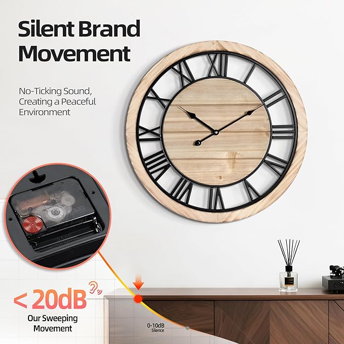 LEIKE 20 Inch Large Wall Clock - Rustic Wooden Silent Non-Ticking Wall Clock with Black Metal Frame, Vintage Farmhouse Decorative for Living Room, Bedroom, Kitchen - Roman Numerals, Modern Design