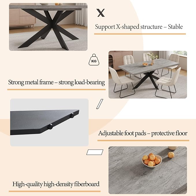 ZckyCine 6-8 Person Modern Rectangular Dining Table Set with 6 Chairs, Expandable Kitchen Table (51 to 63 Inches), Space-Saving Design, Metal Frame, Gray Tabletop & White PU Leather Chairs