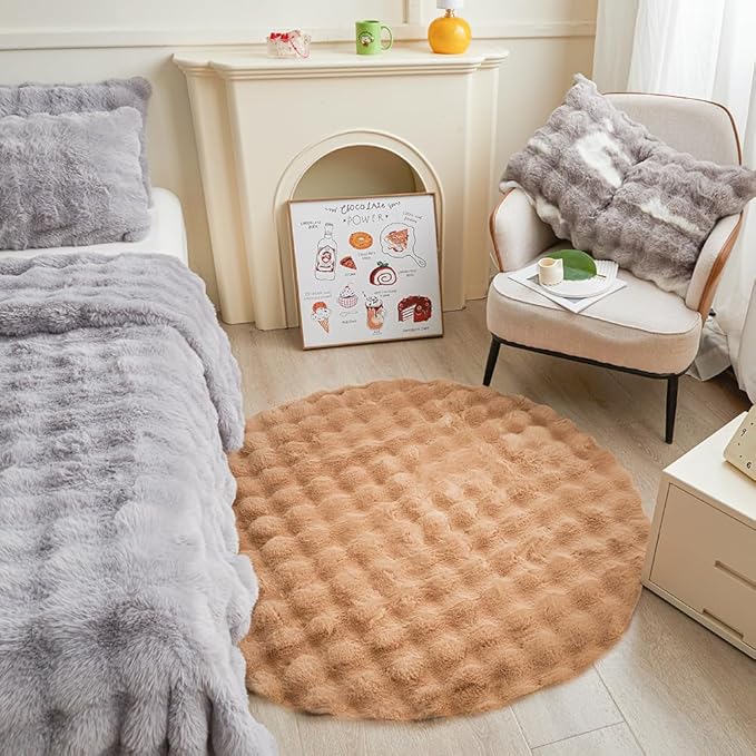 Coffee Round Rabbit Plush Rug for Bedroom Living Room Sofa,4'X4' Faux Fur Fluffy Shaggy Circle Rug for Kids Teen Girls Room,Furry Carpet Circular Rugs for Nursery Baby Room