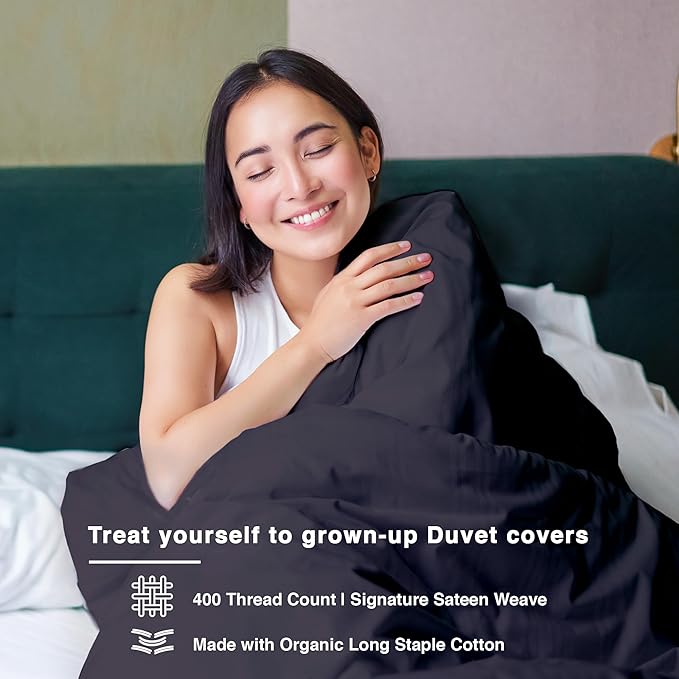 Fabdreams GOTS Certified 100% Organic Cotton Duvet Cover Queen Size - 400 TC Sateen - Soft - Silky - Zipper Closure - Edge Ties - 1 Duvet Cover (90"x92")+2 Pillow Shams (20"x26") - Dark Gray, 3 Piece