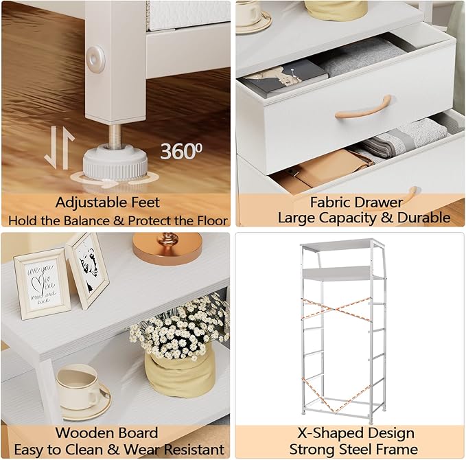 Furnulem White Dresser with 5 Drawers, Vertical Storage Tower Fabric Dresser for Bedroom, Hallway, Entryway, Nursery, Closet Organizer, Nightstand Bedside Table Furniture, Sturdy Steel Frame, Wood Top
