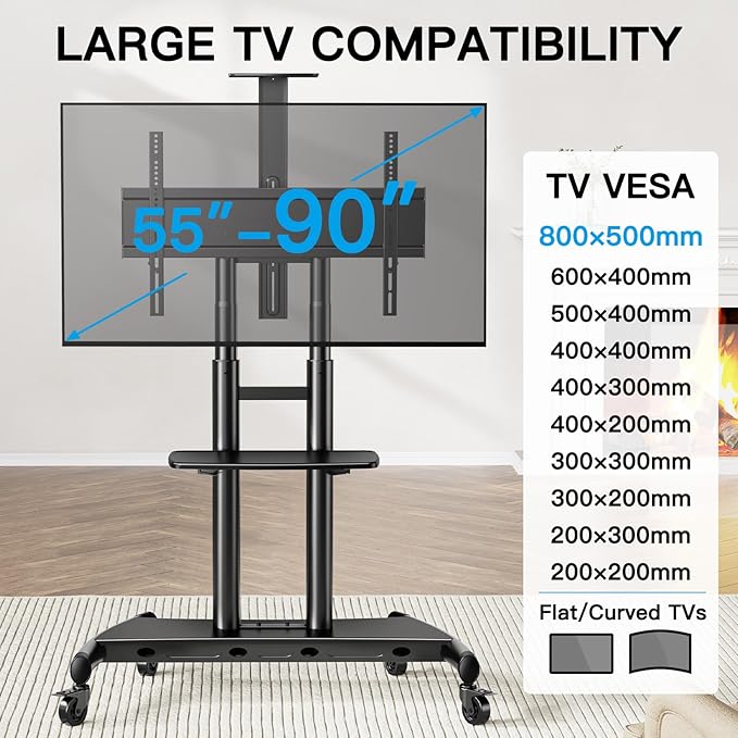 PERLESMITH Mobile TV Stand for 55-90 Inch Flat/Curved Screen TV Max VESA 800x500mm Outdoor TV Cart with Height Adjustable AV Shelf- UL Certificated Rolling Floor TV Stand Holds up to 200Lbs (PSTVMC07)