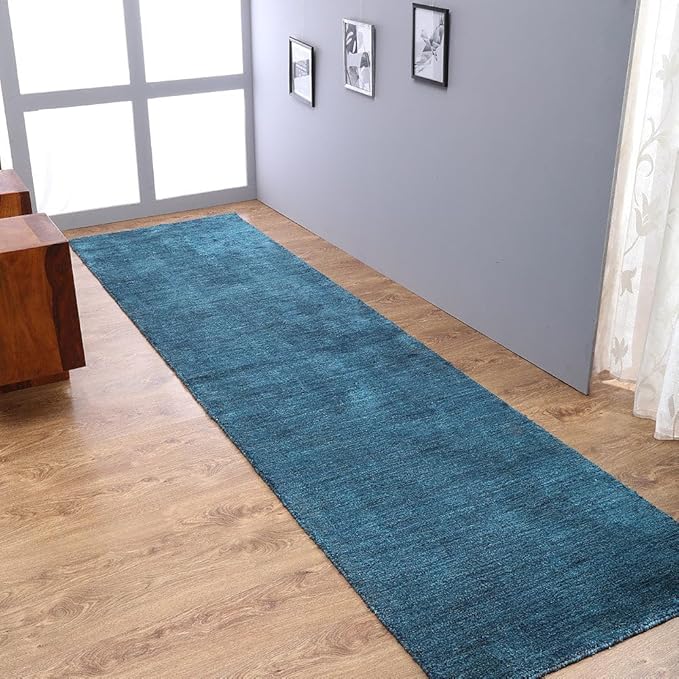 Rugsotic Carpets Hand Knotted Gabbeh Wool 2'6''x10' Runner Rug Solid Blue L00111