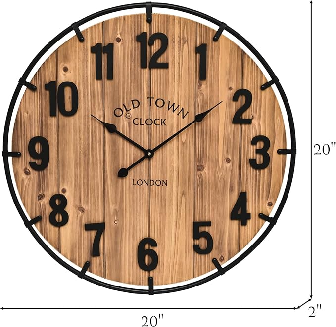 20 Inch Farmhouse Wall Clock Large Old Town Vintage Rustic Wooden Clock with Metal Rim and Large Numerals, Silent Battery-Operated for Office, Kitchen, Bedroom, and Living Room