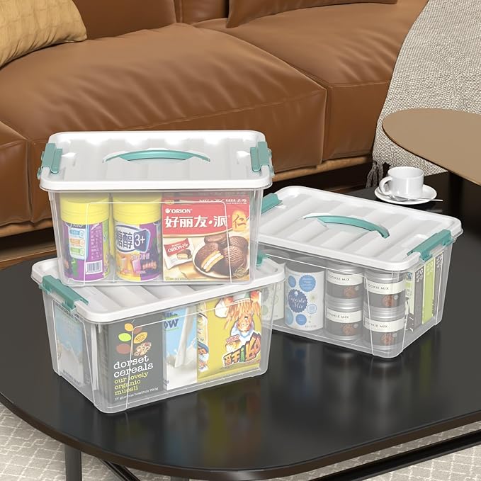 14 Quart Stackable Storage Bin with Latching Lid, Plastic Container Box to Organize Office, Crafts, Clear Base and White Lid, 8-Pack