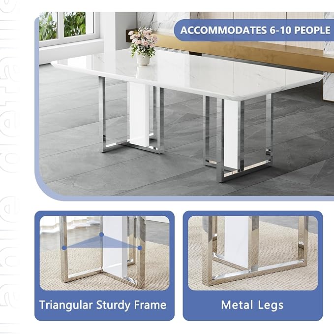 JUFU Dining Room Table Set for 8, Dining Set for 8 with 79'' Faux Marble Tabletop and Sturdy T-Shape Leg, White Rectangle Dining Room Set for 8 PU Chairs, Perfect for Dining Room and Kitchen