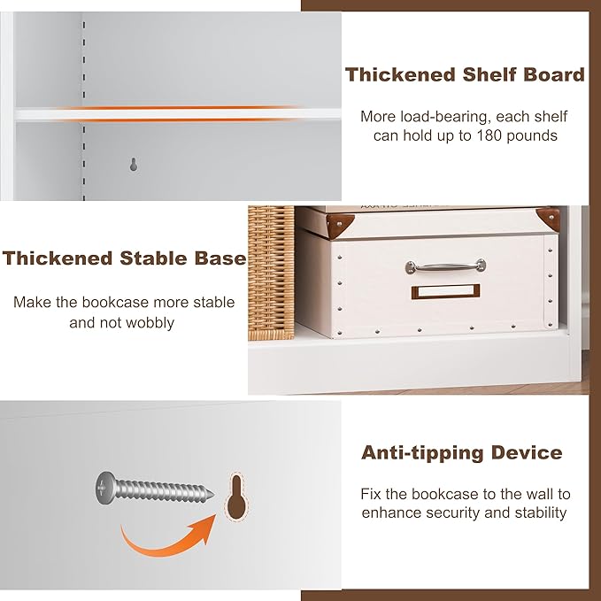 Book Shelf Organizer, Metal Bookshelves Adjustable, 5 Tier White Bookcase, Heavy Duty Open Bookshelf for Office, Living Room, Library, Bedroom, 65.8" Tall