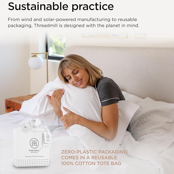 Threadmill 100% Cotton Sheets for Cal King Size Bed - 600 Thread Count Cal King Bed Sheets Set with 16” Deep Pocket - Sateen Weave 4-Piece Bedding Set with Cooling Effect, White