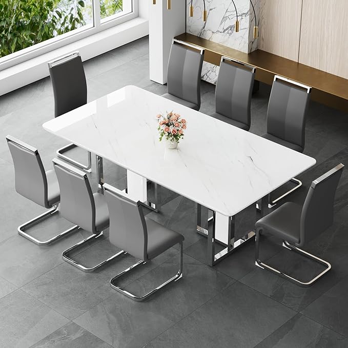 JUFU Dining Table Set for 8, Big Kitchen & Dining Room Sets with 79'' Faux Marble Tabletop and Sturdy Leg, White Rectangle Dinner Set for 8 with PU Chairs, Ideal for Dining Room and Kitchen