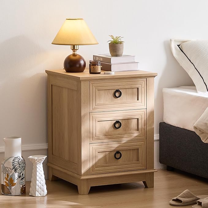 18" Farmhouse Night Stands Set of 2 with 3 Drawers, Wood Bedside End Table, Natural Nightstand, Bed Side Table Cabinet with Metal Handle for Bedroom Living Room, Closet