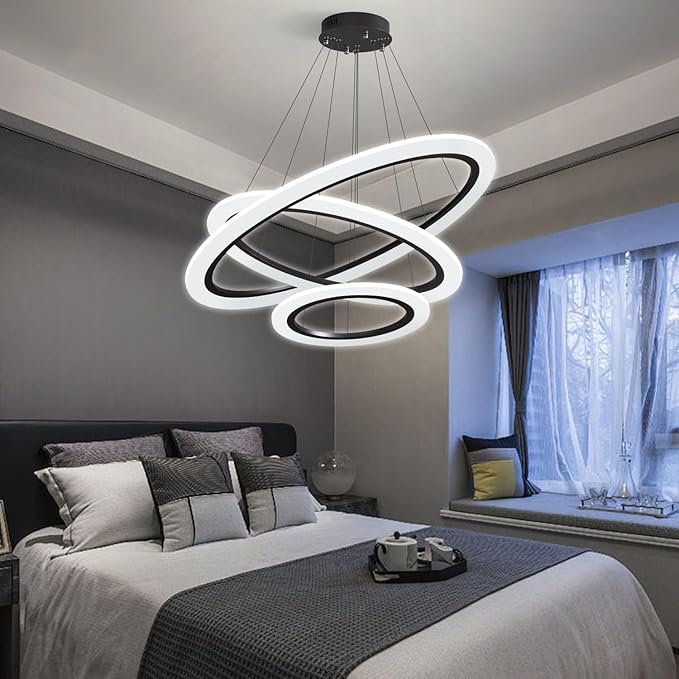 Modern LED Chandelier 3 Ring Chandelier for Dining Room Living Room Pendant Lighting High Ceiling Hanging Light Fixture for Bedroom Foyer Black