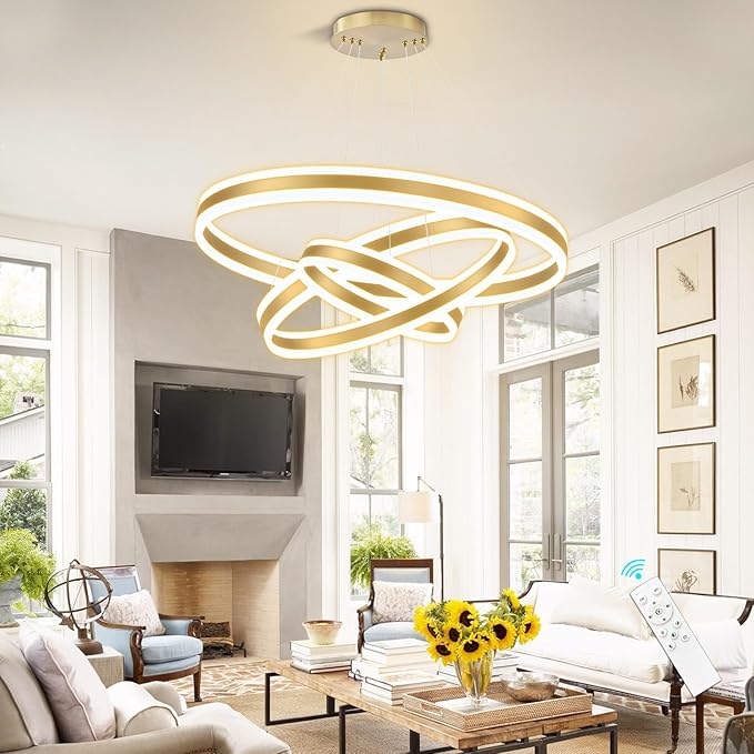3-Rings Modern Gold LED Chandelier, Flush Mount Ceiling Lighting for Living Room, Adjustable Height Pendant Light for Staircase Foyer Dining Room Entryway 3000K 6000K