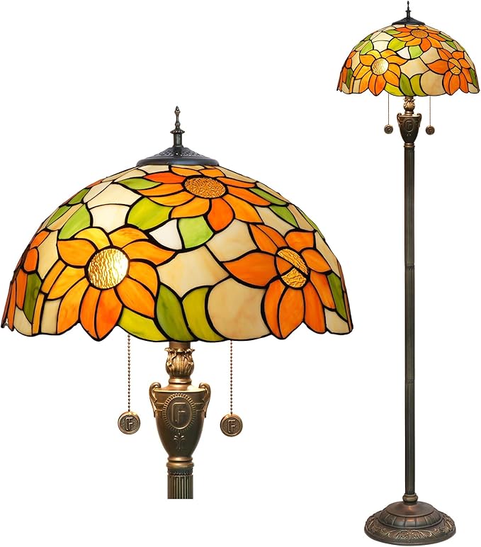 Tiffany Floor Lamp Sunflower Yellow Stained Glass Floor Light Bright Lighting Rustic Standing Lamp Vintage Unique Bronze Reading Corner Lamp for Home Decor Living Room Bedroom 16X16X64 Inches