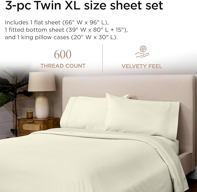 Threadmill 100% Cotton Sheets for Twin XL Size Bed - 600 Thread Count Twin XL Bed Sheets Set with 15” Deep Pocket - Sateen Weave 3-Piece Bedding Set with Cooling Effect, Ivory
