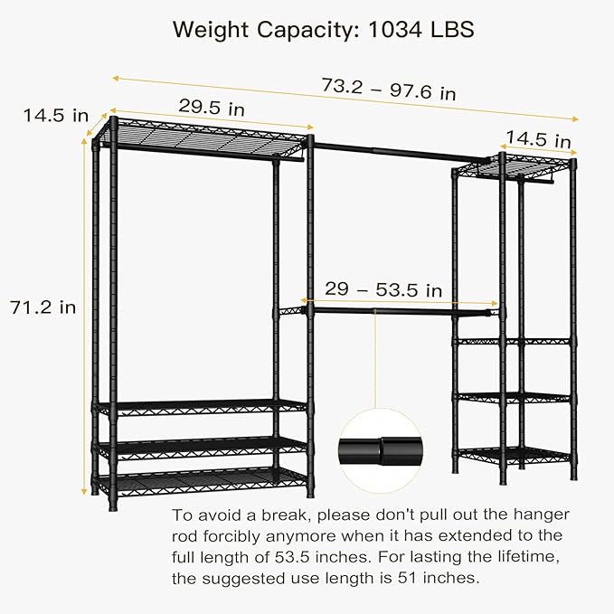 Ulif E11 Heavy-Duty Garment Rack, Metal Freestanding Clothes Rack and Closet Storage Organizer System with 8 Shelves and 4 Hanger Rods, (73.2 - 97.6)"W x 14.5"D x 71.2"H, Load 1034 LBS, Black