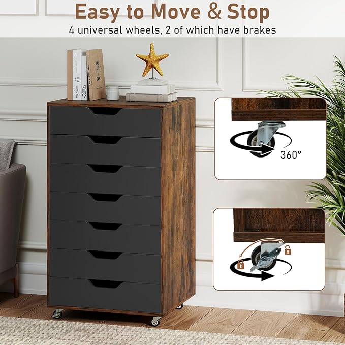 LOKO 7-Drawer Storage Cabinet, Versatile Drawer of Chest with Lockable Wheels, Mobile Office Lateral File Cabinet, for Home Office, Study (Rustic Brown + Black, 16" D x 19.5" W x 34.5" H)