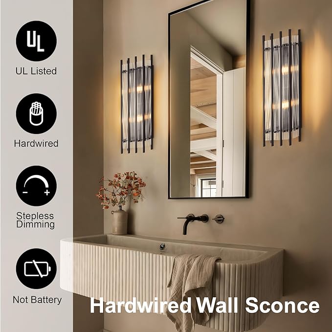 Modern Black Wall Sconce,25in Grand Rectangular Ribbed Glass Wall Sconces,Indoor Hardwired Wall Sconces for Large Spaces,for Living Room,Hallway,Stairway Sconces Wall Lighting,Included E12 Bulbs
