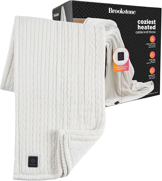 Brookstone Heated Throw Blanket - Heat Blankets Electric - Faux Fur Heated Throw Blanket- 4 Heat Settings, 4-Hour Auto Shut Off, 100% Polyester, 50"x60" - Knit Ivory