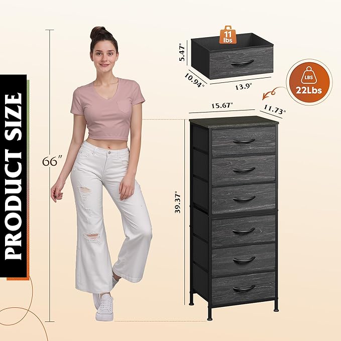 WLIVE Tall Dresser for Bedroom, 6 Drawer Dressers & Chests of Drawers, Fabric Dresser for Closet, Night Stand with Metal Frame, Storage Tower with Fabric Bins, Woodtop, Charcoal Black Wood Grain Print