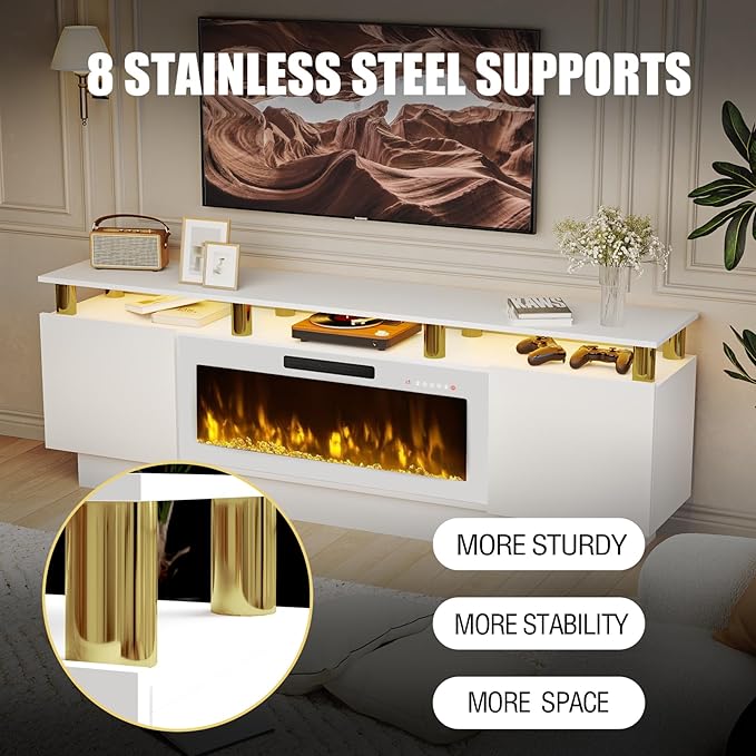 70" Modern Fireplace TV Stand with 36" Electric Fireplace for TVs Up to 80 inch, Luxury LED Light Entertainment Center with High Gloss Cabinet (White + Gold Posts with White Fireplace)