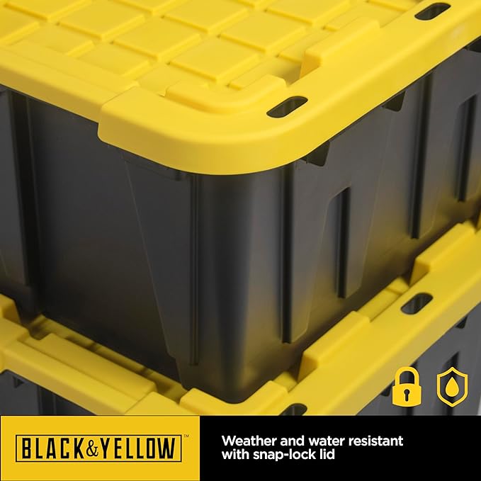 CX BLACK & YELLOW, 27-Gallon Heavy Duty Tough Storage Container & Snap-Tight Lid, (14.3"H x 20.6"W x 30.6"D), Weather-Resistant Design and Stackable Organization Tote [4 Pack]