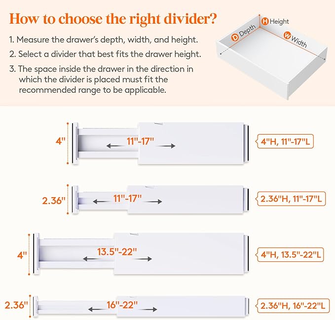 Lifewit 5 Pack Drawer Dividers 4" High, 11-17" Adjustable Dresser Drawer Organizers for Clothes, Expandable Dresser Separators in Bedroom/Bathroom/Kitchen/Vanity/Office Organization and Storage, White