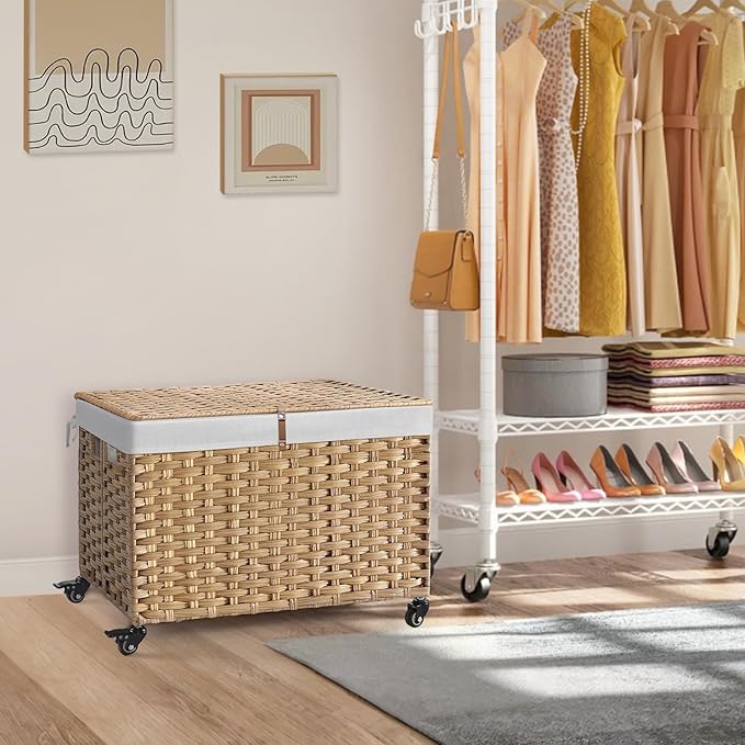 Rolling Storage Basket with Lid, 47.6 Gallon (180L) Storage Bin with Wheels, Woven Rattan Blanket Storage Basket with Handles, Foldable, Metal Frame, Removable Liner for Bedroom, Laundry Room, Natural