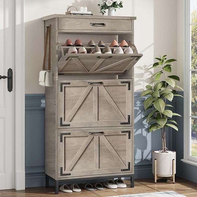 Shoe Cabinet Storage for Entryway with 3 Flip Drawers and 1 Top Drawer, Freestanding Hidden Narrow Shoe Cabinet with Metal Legs for Foyer, Hallway (Grey)