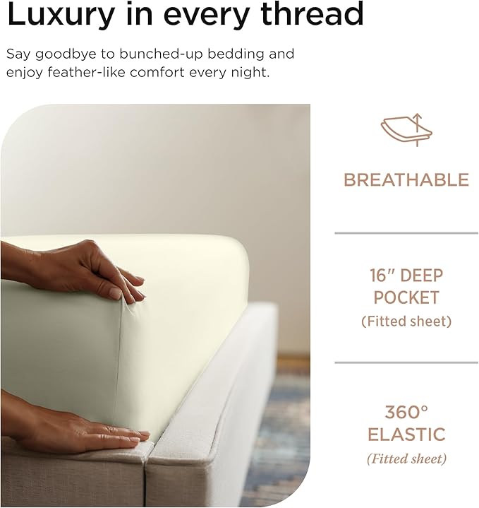 Threadmill 100% Cotton Sheets for Full Size Bed - 600 Thread Count Full Bed Sheets Set with 16” Deep Pocket - Sateen Weave 4-Piece Bedding Set with Cooling Effect, Ivory